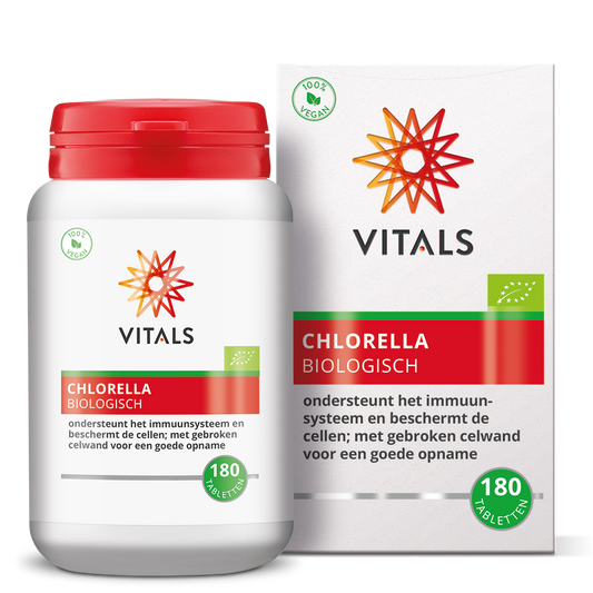 Vitals bio Chlorella supplement, 180 tablets, natural herbal preparation with vibrant green Chlorella tablets.