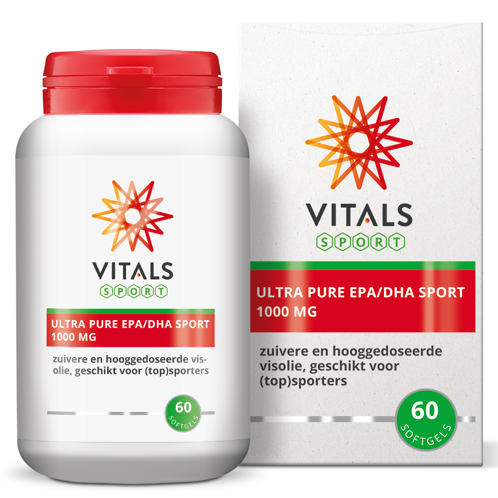 Vetzuren Vitals EPA DHA Ultra Pure Sport softgels bottle with 60 softgels, dietary supplement for heart and brain health.