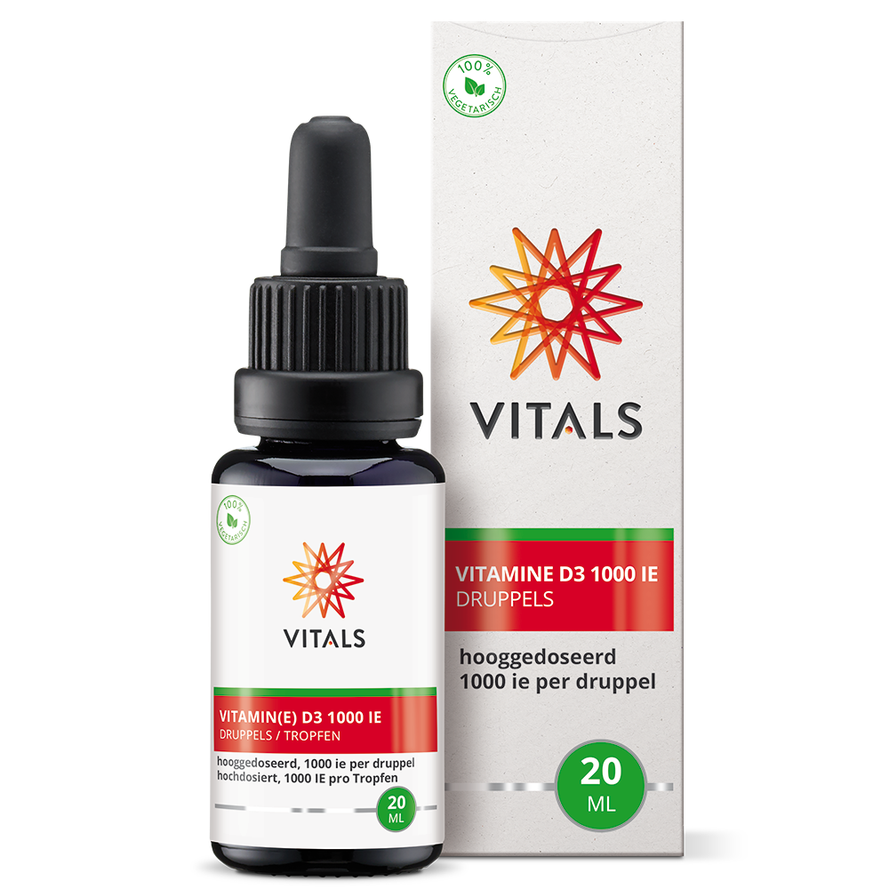 Bottle of Vitals Vitamin D3 drops with 1000 IU in 20ml, showing the Vitals brand label and dropper applicator.