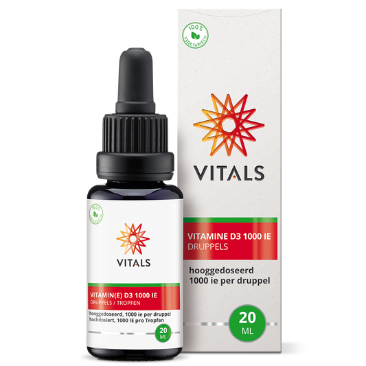 Bottle of Vitals Vitamin D3 drops with 1000 IU in 20ml, showing the Vitals brand label and dropper applicator.