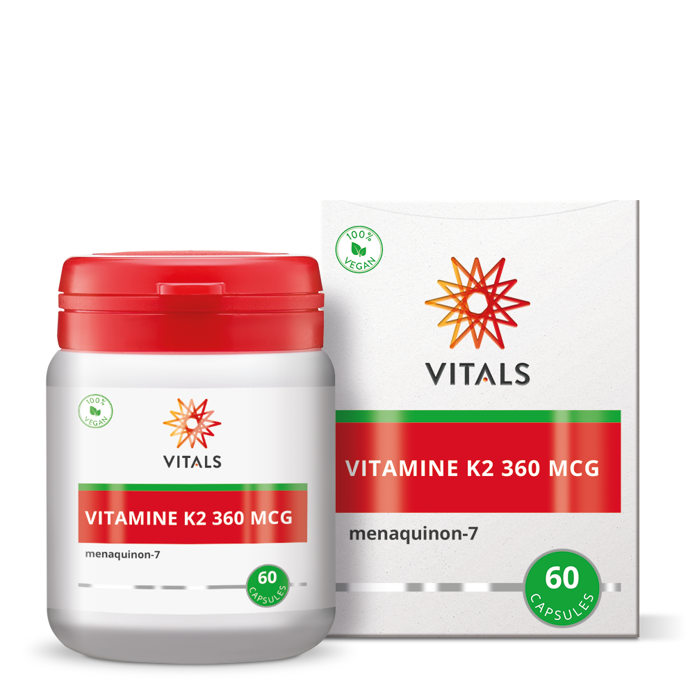 Bottle of Vitals Vitamin K2 360mcg capsules, showing the product label with 60 capsules for bone and cardiovascular health.