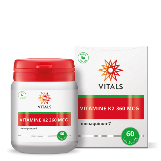 Bottle of Vitals Vitamin K2 360mcg capsules, showing the product label with 60 capsules for bone and cardiovascular health.