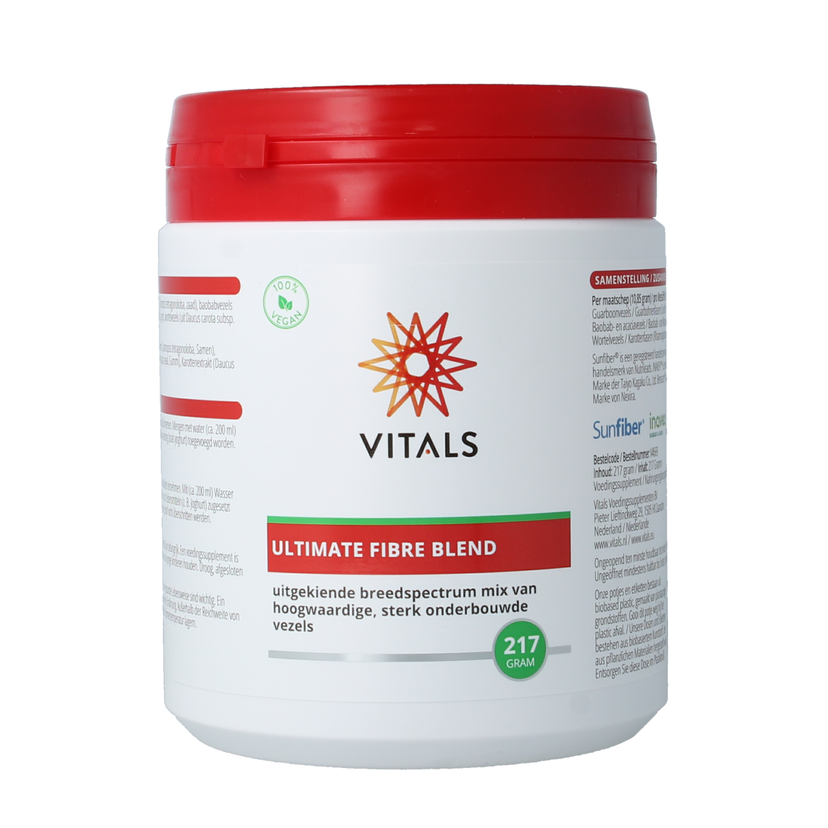 Vitals Ultimate Fibre Blend powder in a 217g container, featuring fiber and enzyme ingredients, shown in a clear, labeled package.