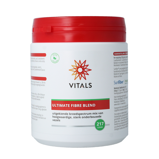 Vitals Ultimate Fibre Blend powder in a 217g container, featuring fiber and enzyme ingredients, shown in a clear, labeled package.