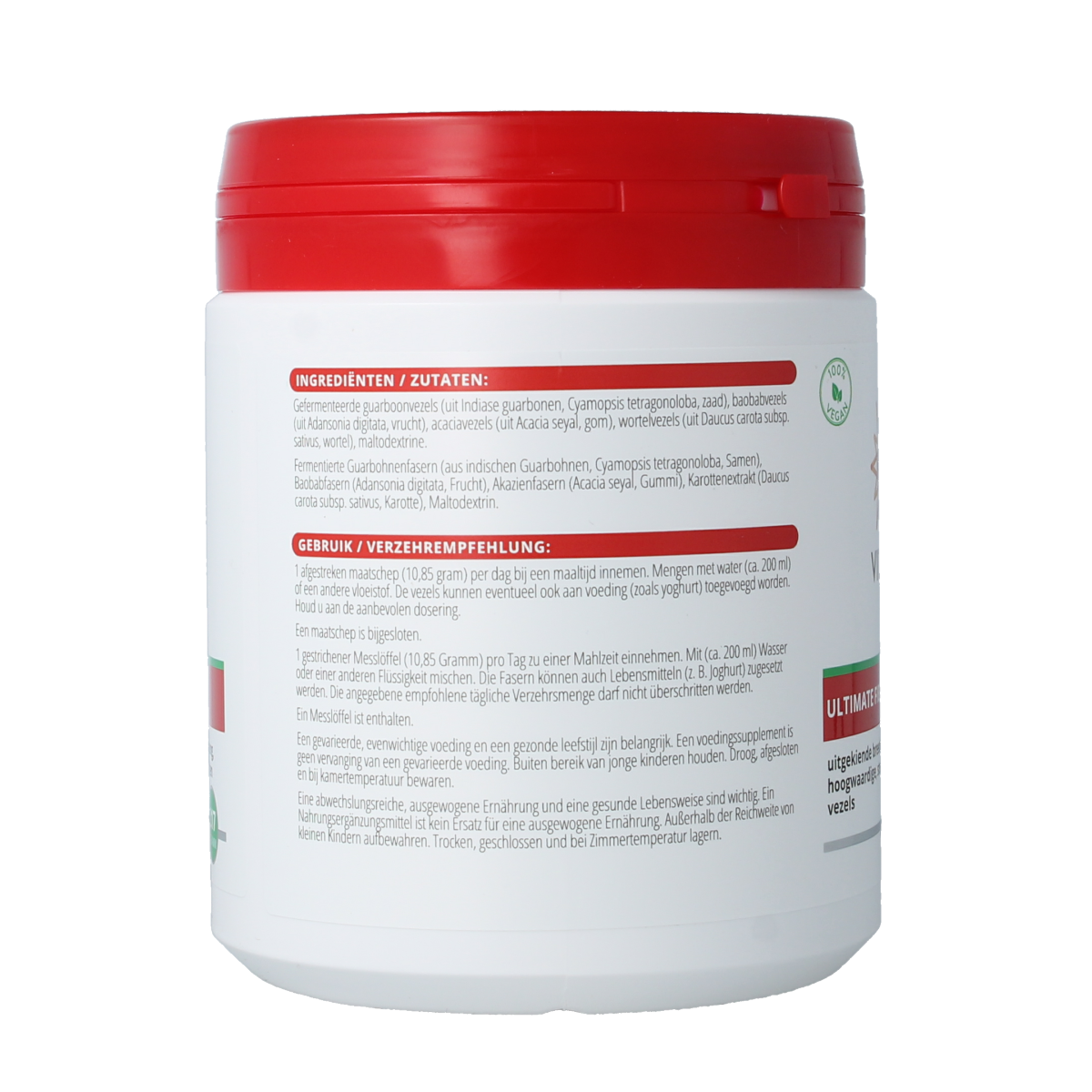 Vitals Ultimate Fibre Blend supplement container showing 217g of fiber and enzyme blend in a clear jar with label.