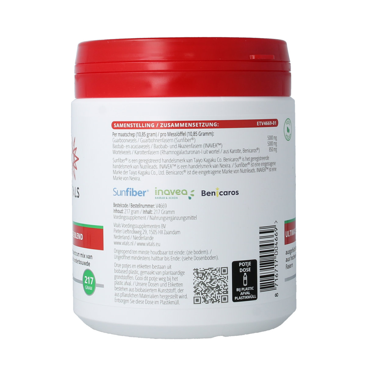 Vitals Ultimate Fibre Blend powder in 217g container, featuring fiber and enzymes for digestive health.