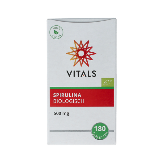 Vitamins and herbal supplements: Vitals Spirulina 500mg bio tablets, natural green spirulina powder in a bottle.