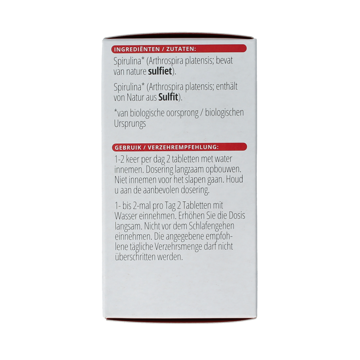 Vital Spirulina 500mg bio supplement tablets from Vitals, showing a container of green spirulina tablets on a white background.