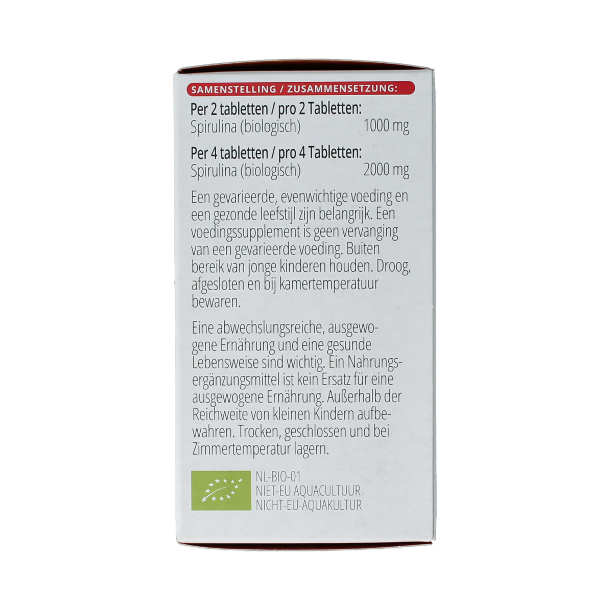 Vitals Spirulina 500mg bio supplement in a bottle of 180 tablets, showing green spirulina tablets inside.