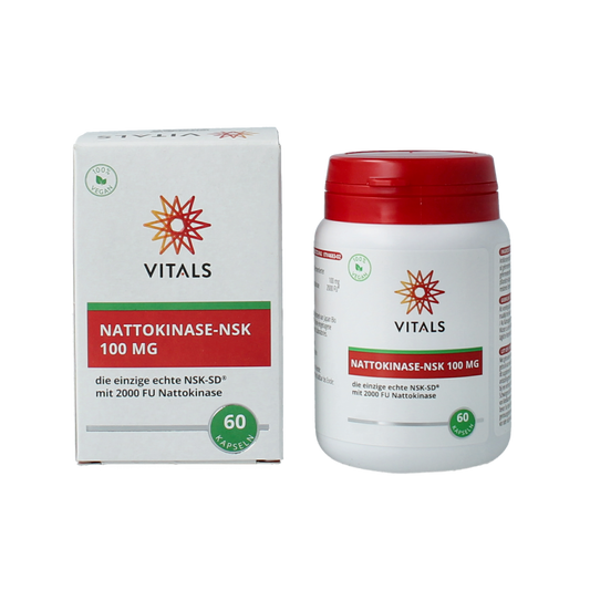 Vitamins Nattokinase NSK capsules by Vitals, herbal supplement in a clear bottle with 60 capsules.