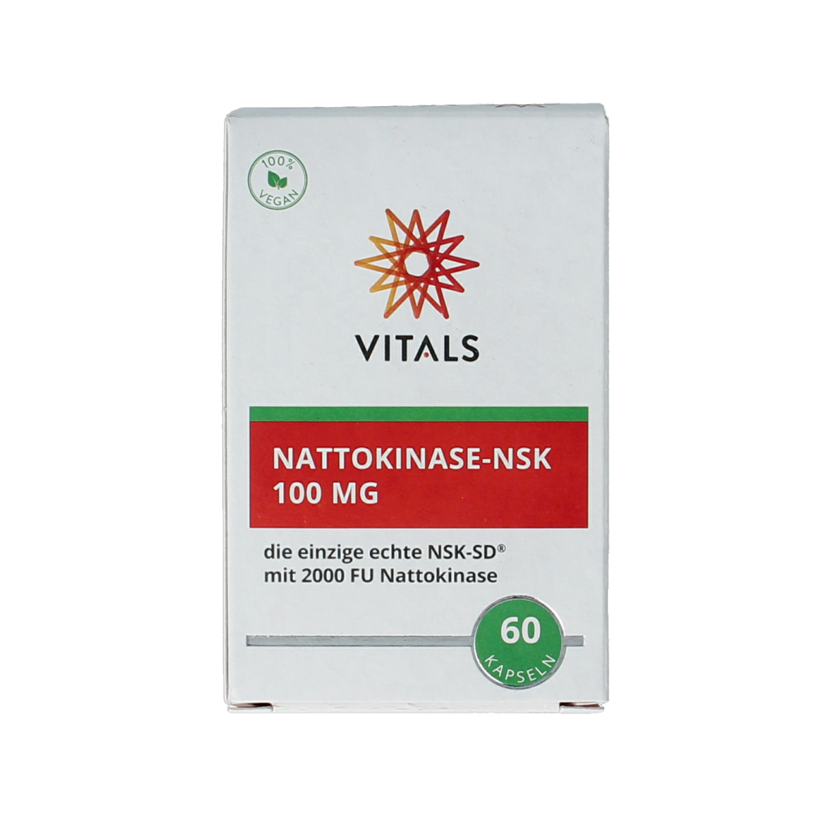 Vitals Nattokinase NSK capsules, herbal supplement from Vitals, shown in a bottle with 60 capsules for cardiovascular health.