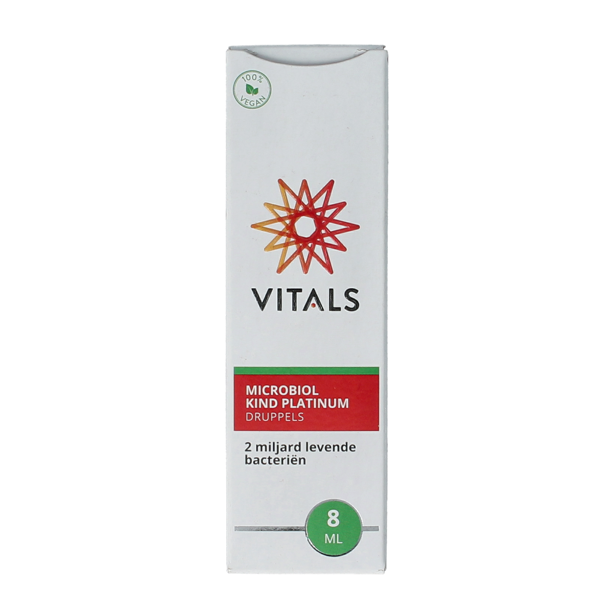 Bottle of Vitals Microbiol Kind Platinum probiotic supplement with a white and green label, 8ml micro-organisms liquid.