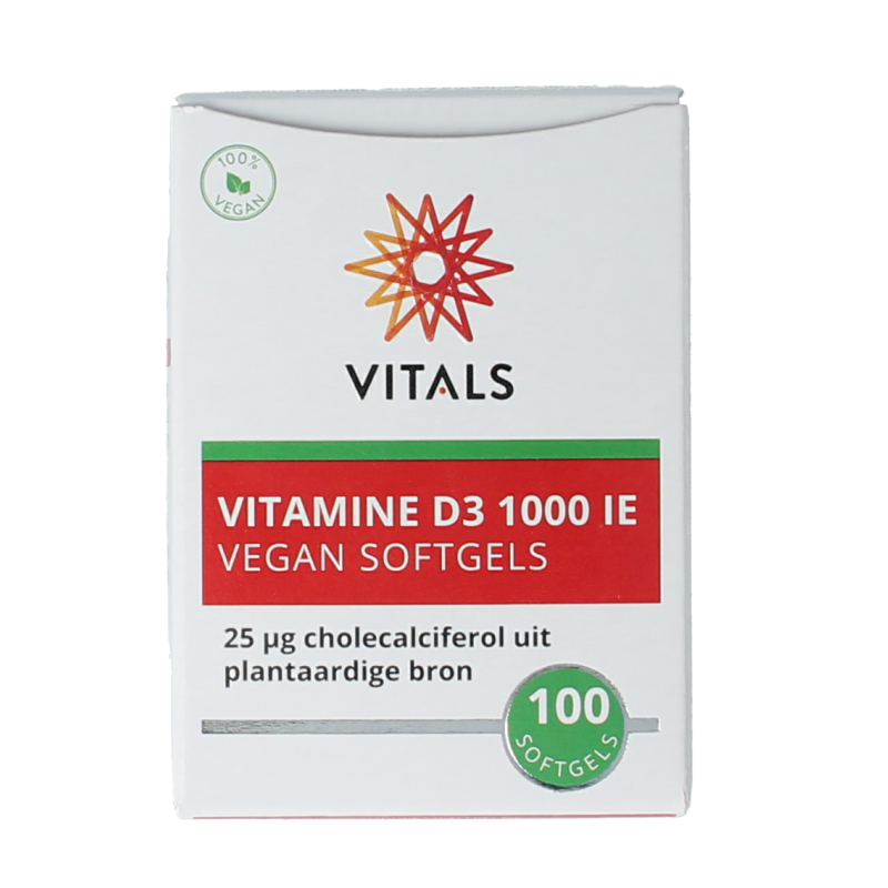 Vitals Vitamine D3 1000IU vegan softgels, dietary supplement in a white bottle with yellow cap, showing softgel capsules inside.