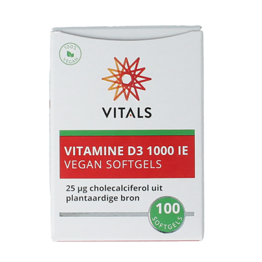 Vitals Vitamine D3 1000IU vegan softgels, dietary supplement in a white bottle with yellow cap, showing softgel capsules inside.
