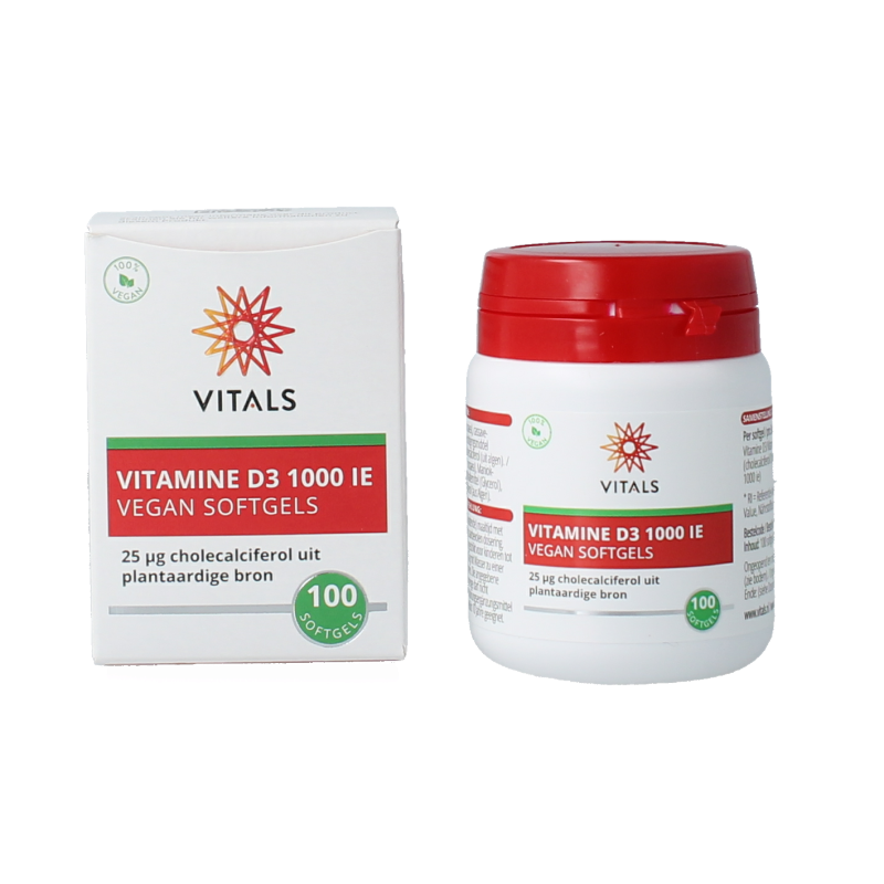 Vitamins D3 1000IU vegan softgels by Vitals, showing a bottle of 100 softgels on a white background.