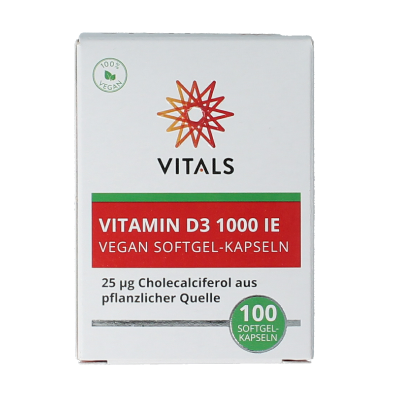 Vitals Vegan Vitamin D3 1000IU softgels bottle, dietary supplement for bone health and immune support.