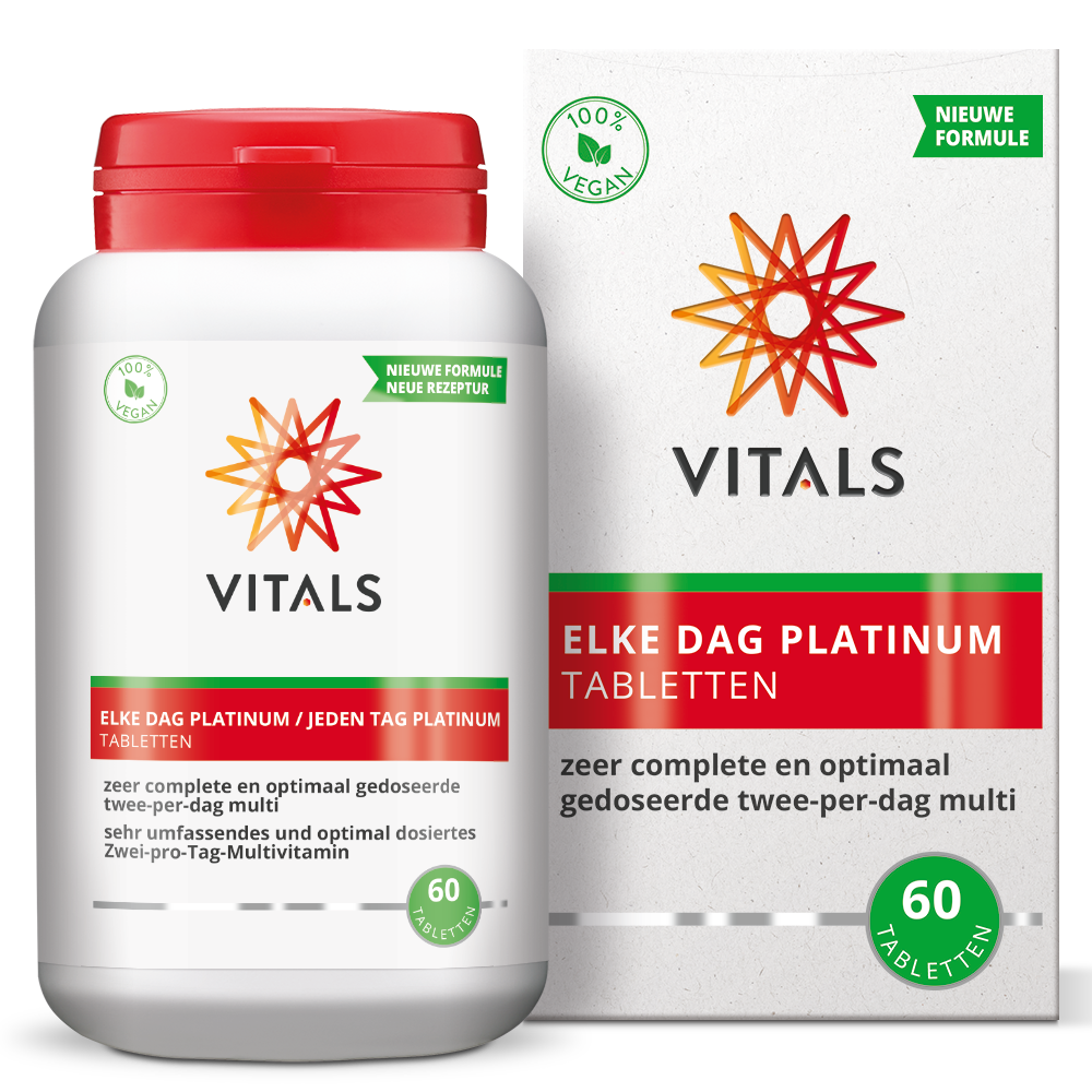 Vitals Elke Dag Platinum multivitamin tablets in a bottle, showing the packaging and tablets inside.