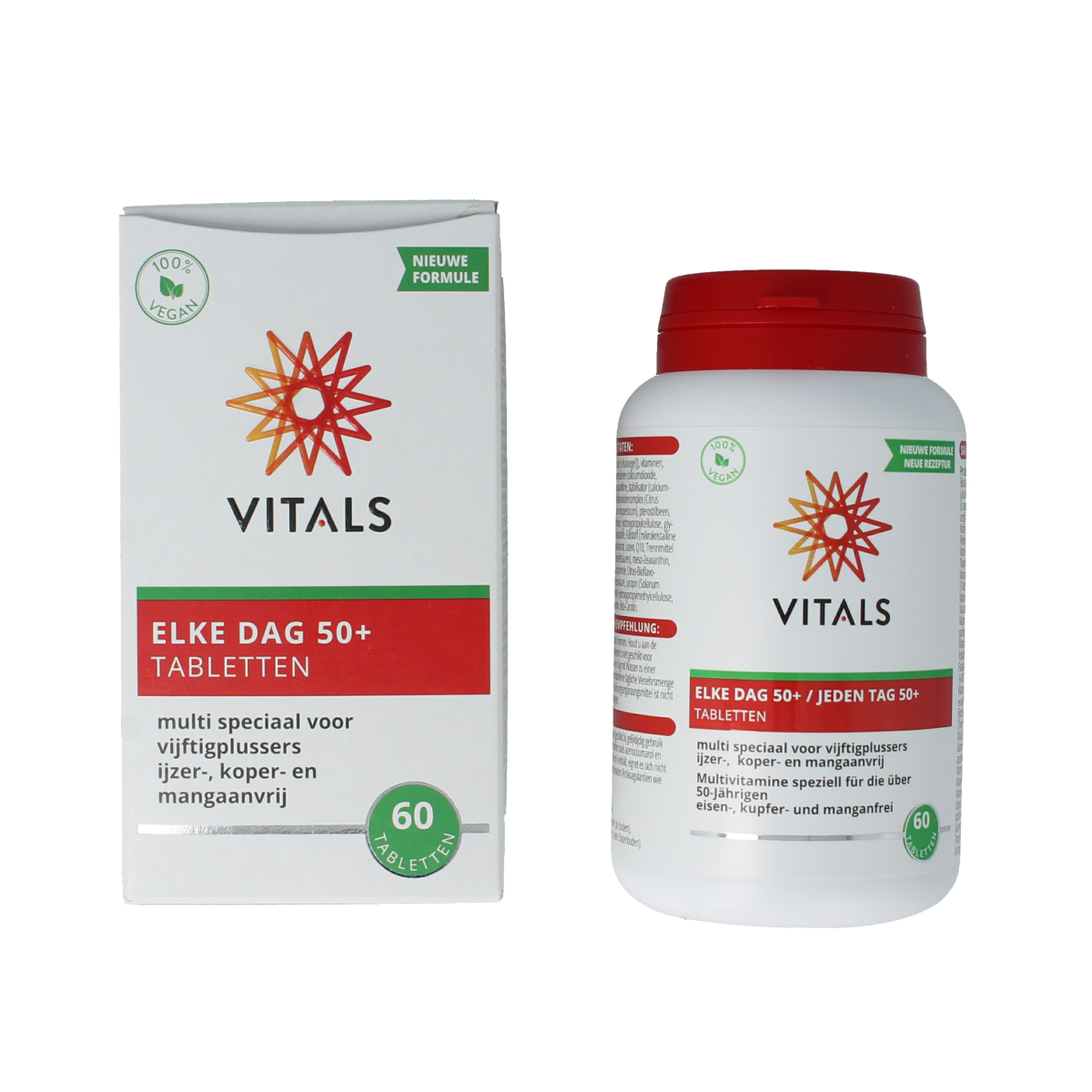 Vitals Elke dag 50+ multivitamin tablets, dietary supplement with essential vitamins for adults over 50, in a blister pack.
