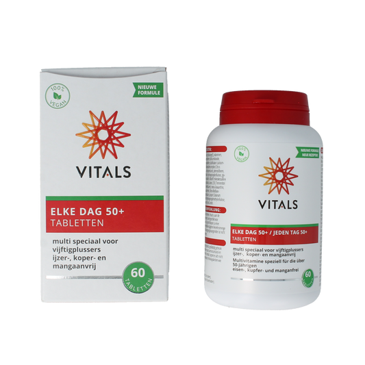 Vitals Elke dag 50+ multivitamin tablets, dietary supplement with essential vitamins for adults over 50, in a blister pack.