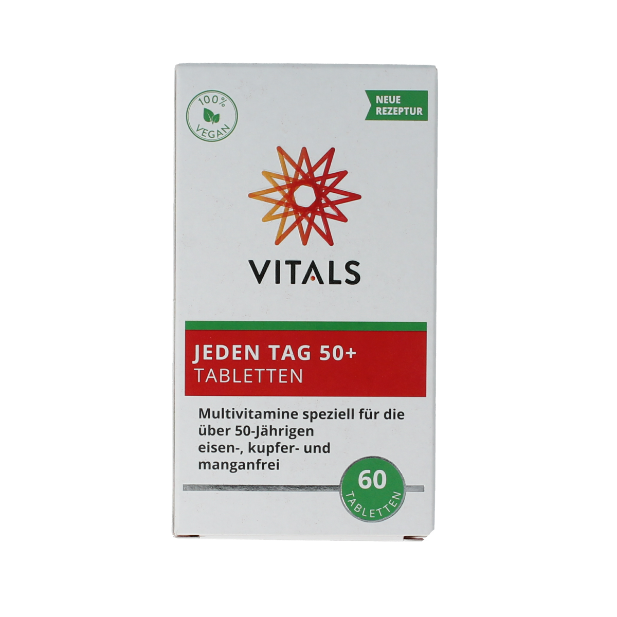 Vitals Elke dag 50+ multivitamin tablets in a bottle, showing the supplement packaging and tablets inside.