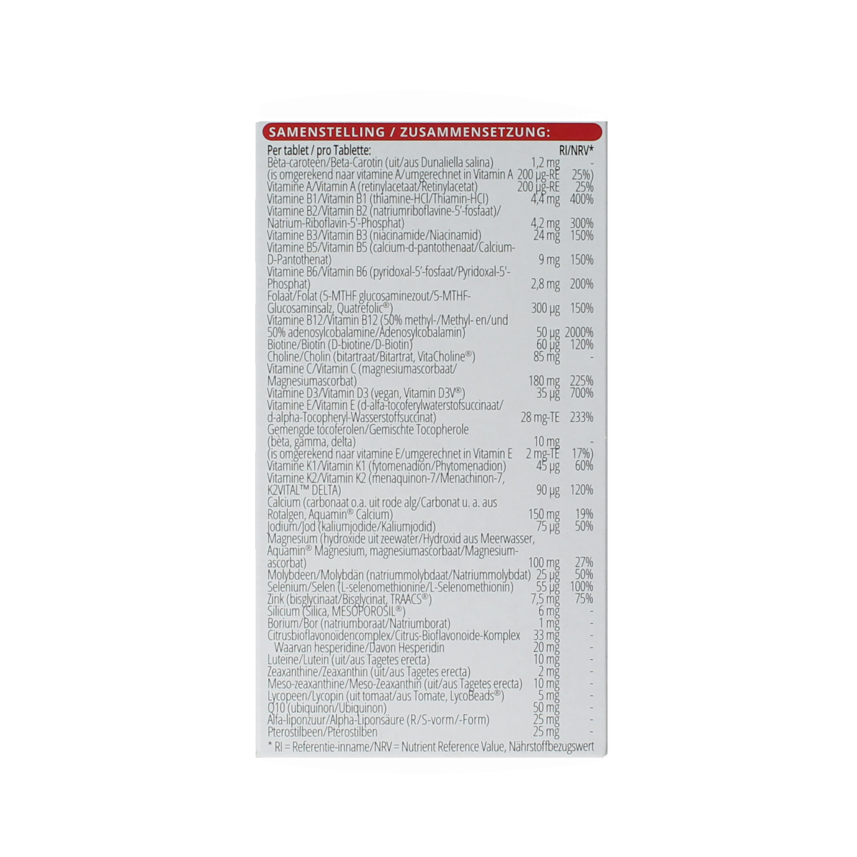 Vitals Elke dag 50+ multivitamin tablets in a bottle, designed for daily health support for adults over 50.