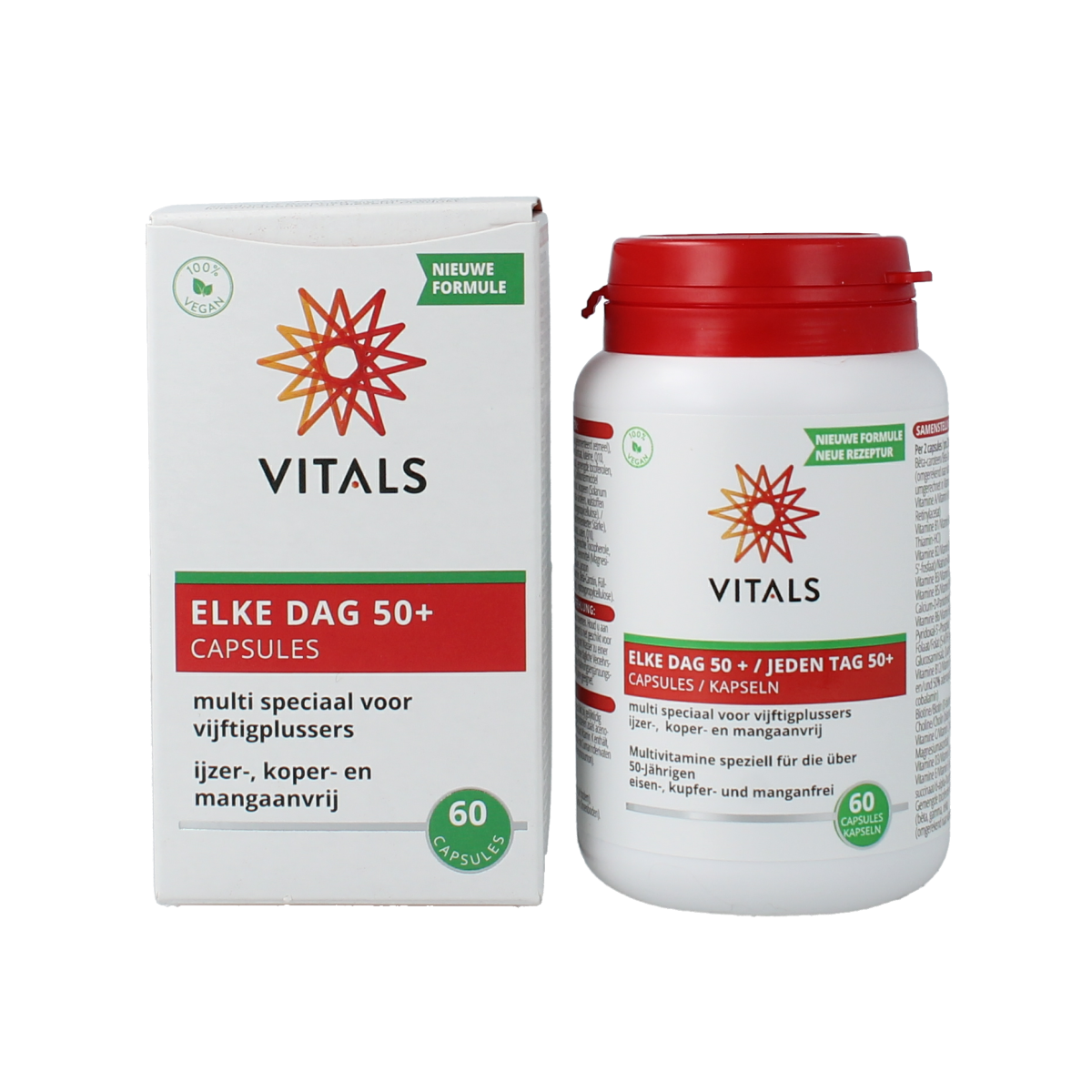 Vitals Elke dag 50+ multivitamin capsules in a transparent bottle with a white label and colorful branding.