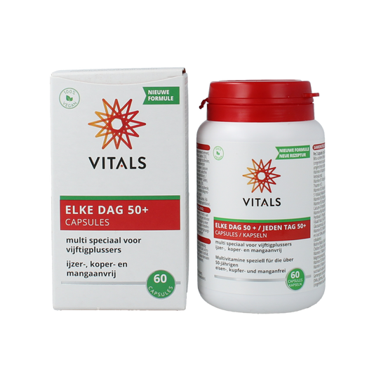 Vitals Elke dag 50+ multivitamin capsules in a transparent bottle with a white label and colorful branding.