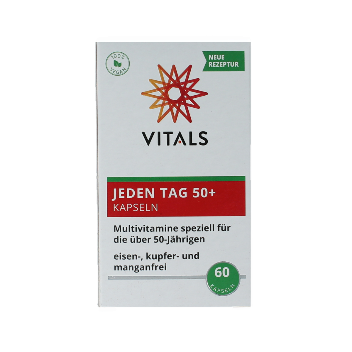 Vitals Elke dag 50+ multivitamin capsules in a bottle, offering daily nutritional support for adults over 50.