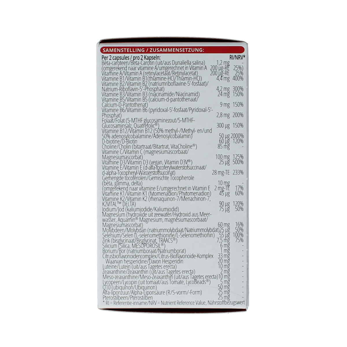 Vitamins Vitals Elke dag 50+ multivitamin capsules in a white bottle with label, designed for daily health support.