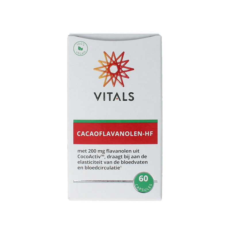 Vitals Cacaoflavanolen HF dietary supplement capsules in a bottle, showcasing the supplement packaging and capsules.