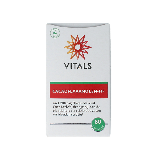 Vitals Cacaoflavanolen HF dietary supplement capsules in a bottle, showcasing the supplement packaging and capsules.