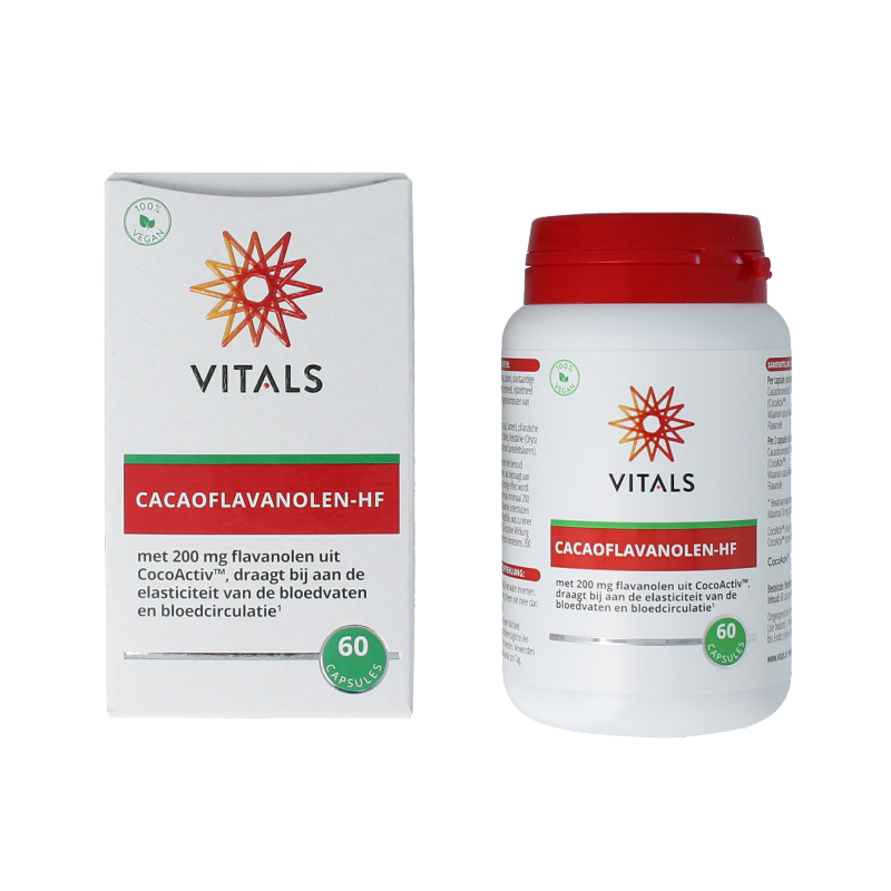 Vitals Cacaoflavanolen HF dietary supplement capsules in a white bottle with a label showing cacao extract and health benefits.