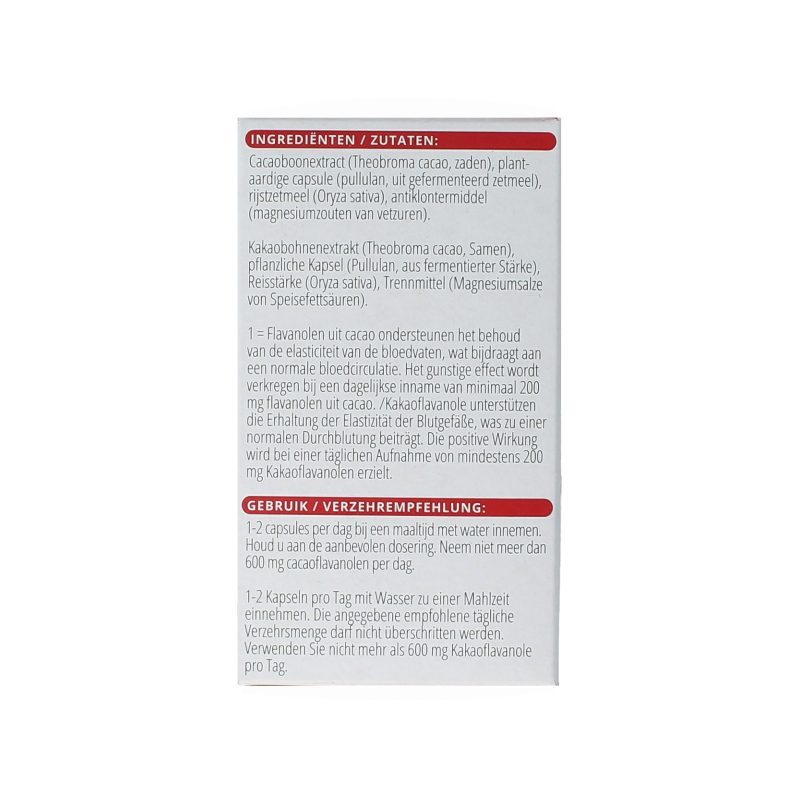 Vitals Cacaoflavanolen hf dietary supplement capsules in a bottle, featuring the product label with branding and capsule details.