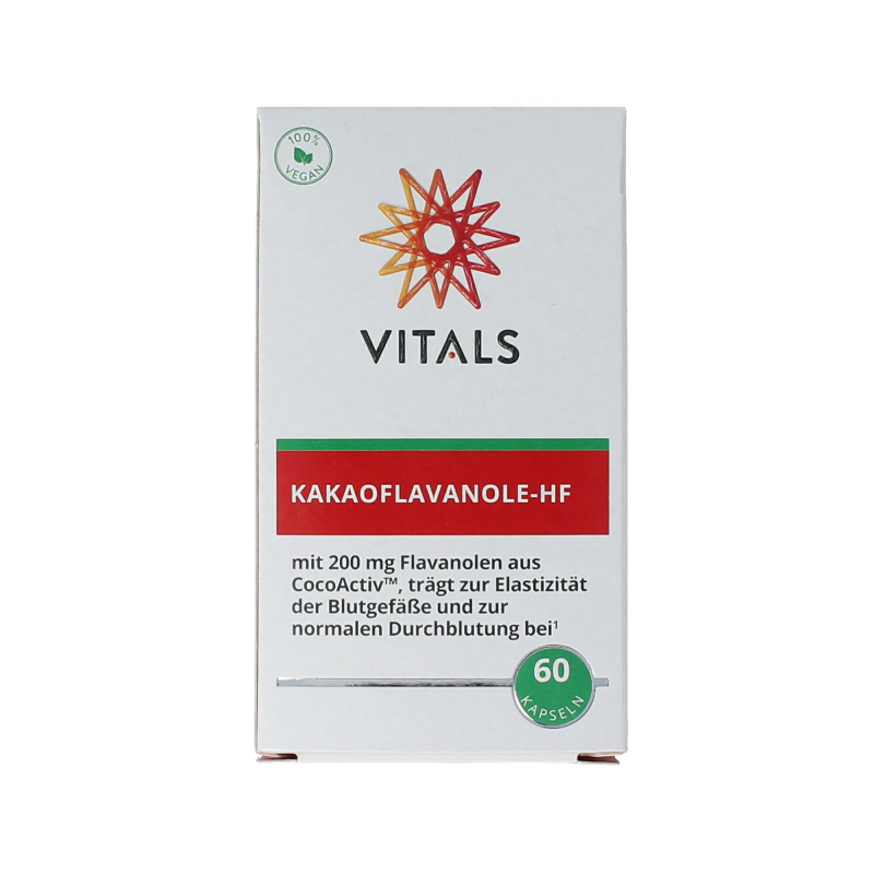 Vitals Cacaoflavanolen hf dietary supplement capsules in a clear bottle with label showing capsules inside.