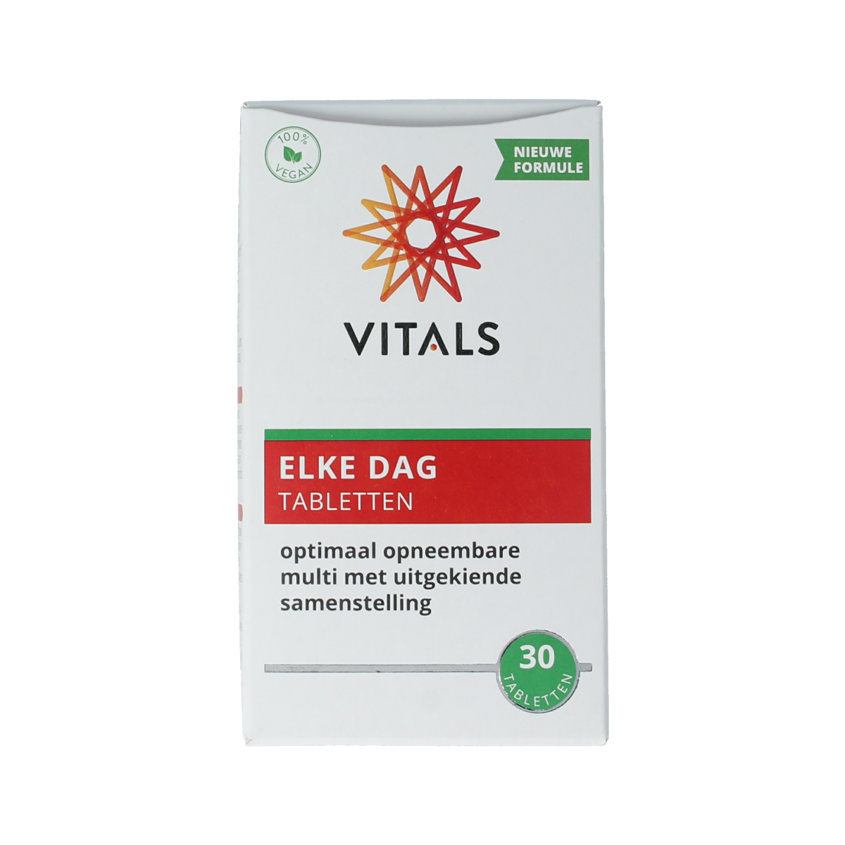 Vitals Elke Dag multivitamin tablets in a bottle, featuring colorful tablets designed for daily vitamin intake.