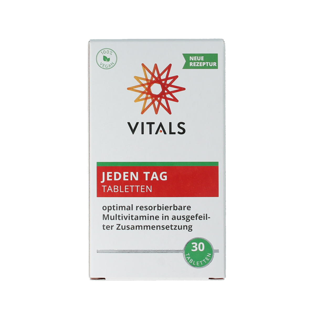 Vitals Elke dag 30.00 multivitamin tablets in a clear container, showing colorful tablets for daily vitamin intake.