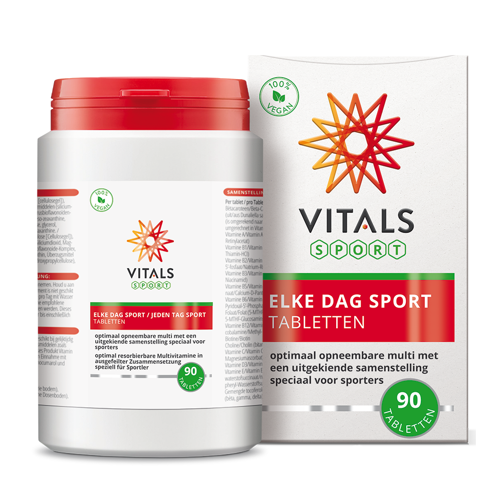 Vitals Elke Dag Sport 90 tablets, dietary supplement and herbal preparation, in a clear container with tablets visible inside.