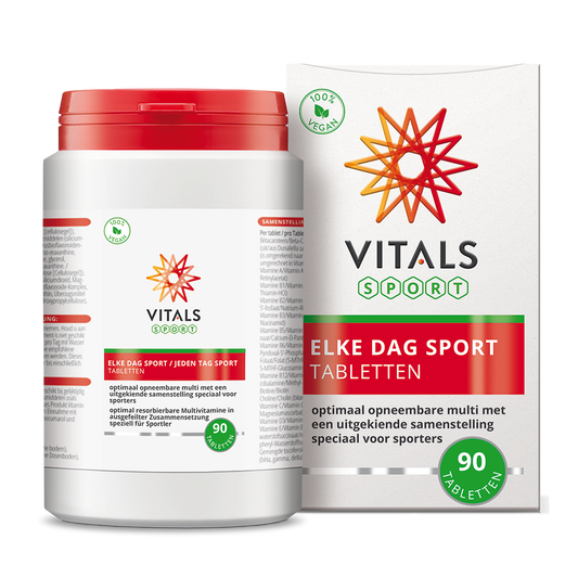 Vitals Elke Dag Sport 90 tablets, dietary supplement and herbal preparation, in a clear container with tablets visible inside.