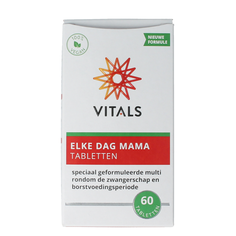 Vitals Elke dag mama multivitamin tablets for daily prenatal health, showing a bottle of 60 vitamin tablets.