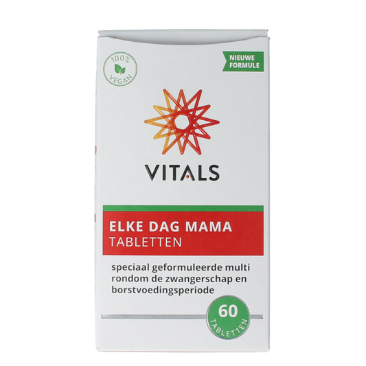 Vitals Elke dag mama multivitamin tablets for daily prenatal health, showing a bottle of 60 vitamin tablets.
