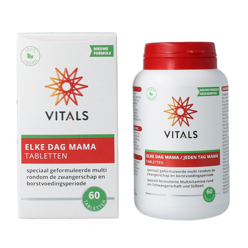 Vitals Elke dag mama multivitamin tablets for daily prenatal nutrition, showing the bottle and tablets inside.