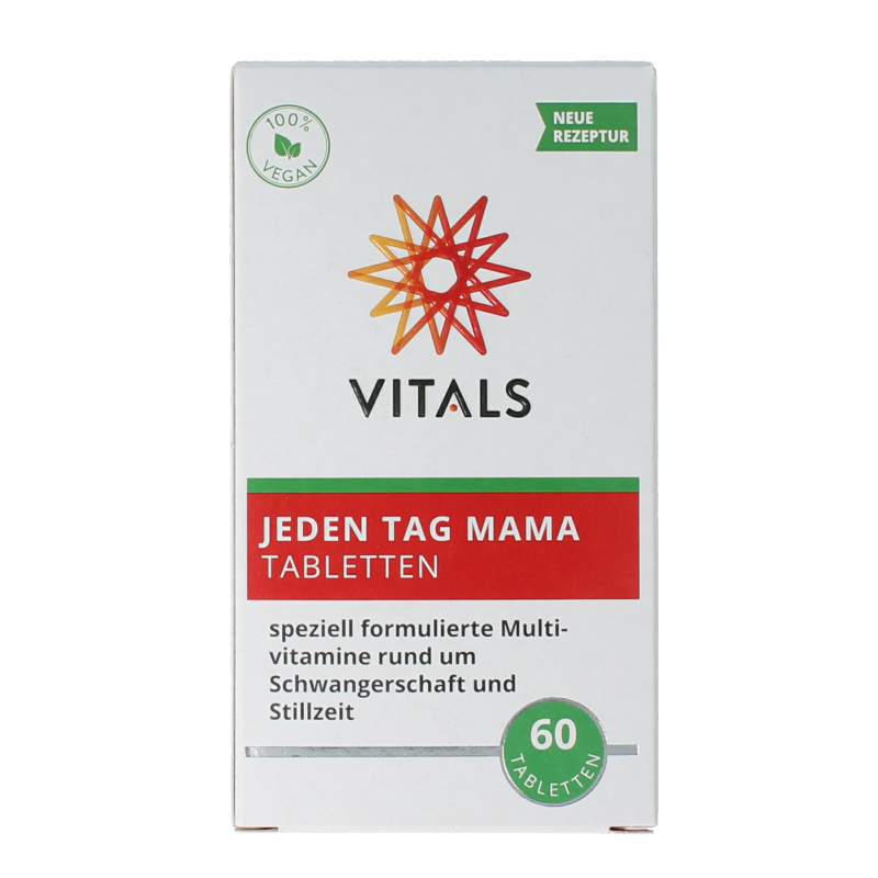 Vitals Elke Dag Mama multivitamin with 60 tablets, featuring essential vitamins for daily maternal health.