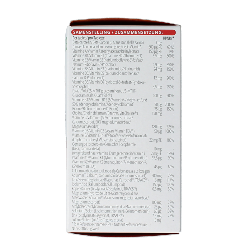 Vitalis Elke dag mama multivitamin tablets in a bottle, designed for daily prenatal health support, by Vitals.