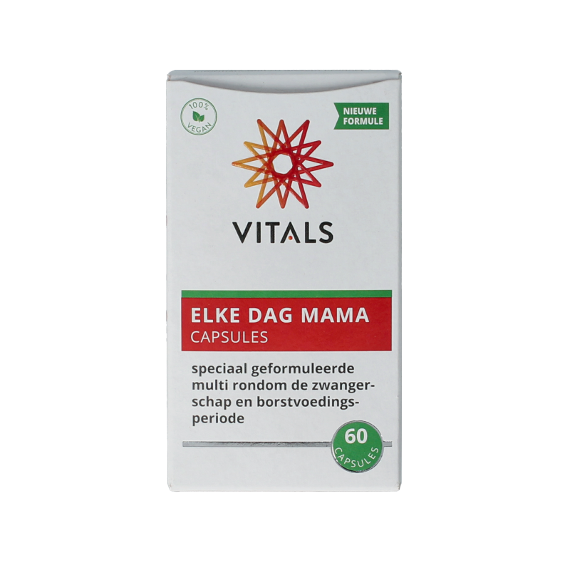 Vitals Elke dag mama multivitamin capsules for daily prenatal nutrition, featuring 60 capsules in a natural supplement package.