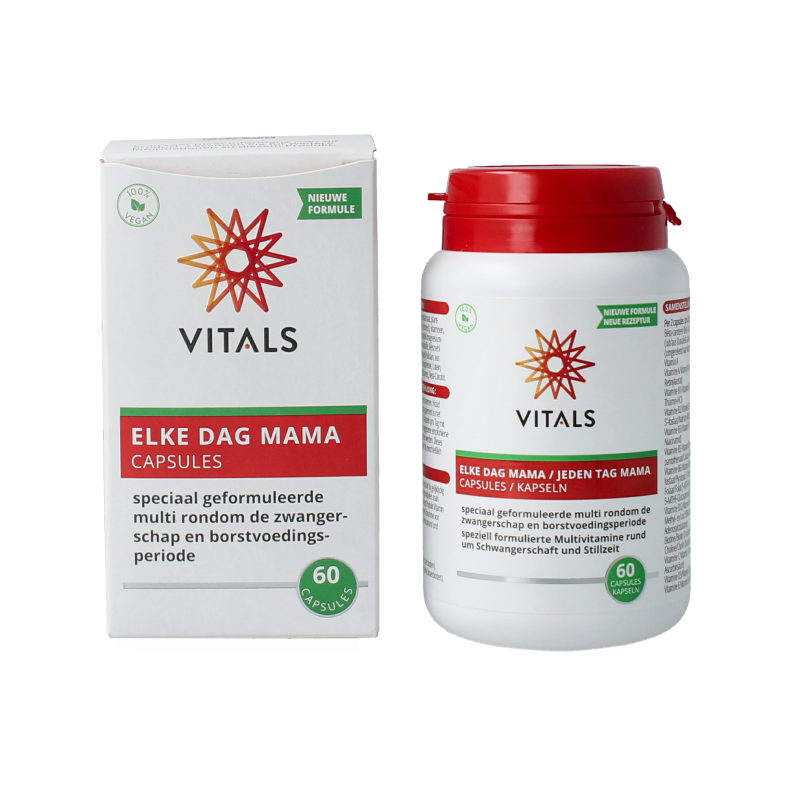 Vitals Elke dag mama multivitamin capsules for daily prenatal nutritional support, shown in a clear bottle with capsules inside.