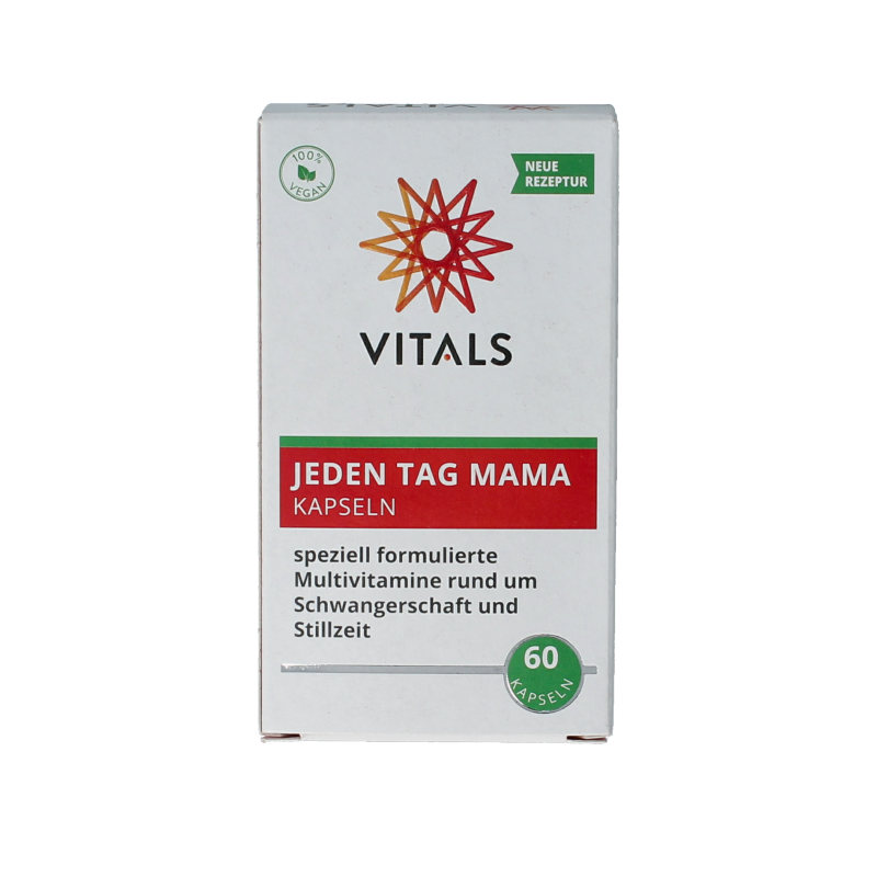 Vitals Elke dag mama multivitamin capsules for daily prenatal nutrition, showing a bottle of 60 capsules by Vitals.