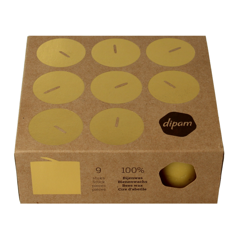 Set of nine Dipam beeswax tealight candles in a box, natural yellow color, ideal for cozy lighting and ambiance.