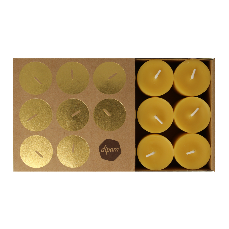 Set of nine Dipam beeswax tea light candles in a box, natural warm glow, ideal for cozy lighting and ambiance.
