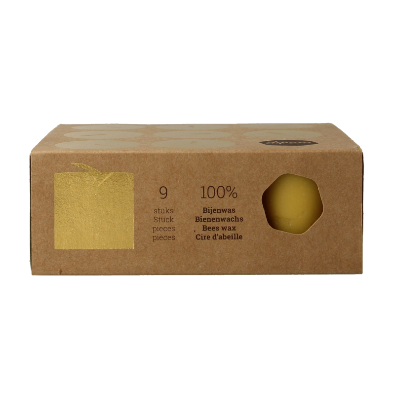 Set of nine Dipam beeswax tea light candles in a box, natural warm glow, perfect for cozy ambiance and decorative lighting.