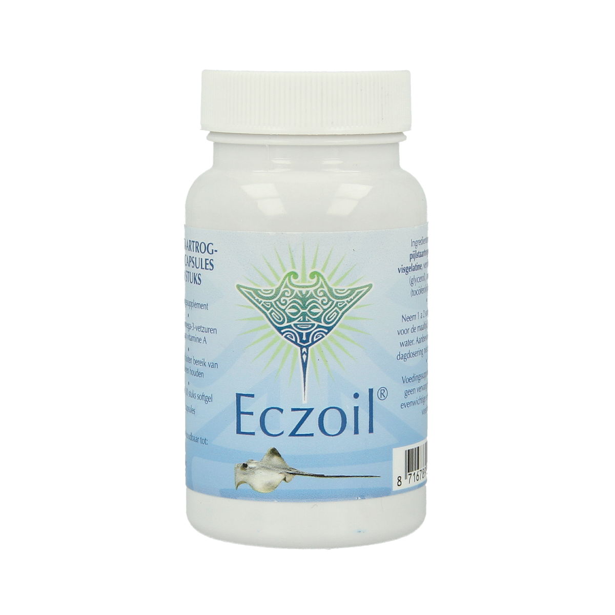 Eczoil Pijlstaartrog olie softgels, 30.00, softgel capsules containing omega-3 fatty acids from shark liver oil.